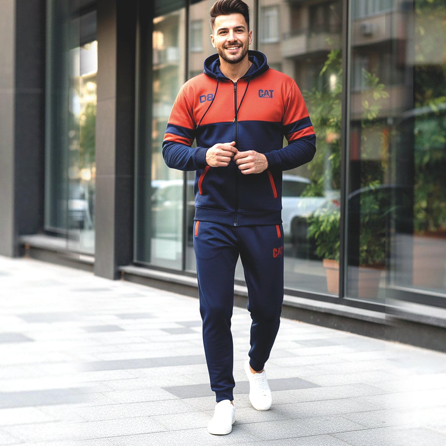 Bright Fashion Men’s Tracksuit Set – Zip-Up Hoodie & Jogger Pants, Winter Fleece Sportswear Outfit for Men Blue Red With Cat Logo - Image 2