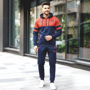Bright Fashion Men’s Tracksuit Set – Zip-Up Hoodie & Jogger Pants, Winter Fleece Sportswear Outfit for Men Blue Red With Cat Logo
