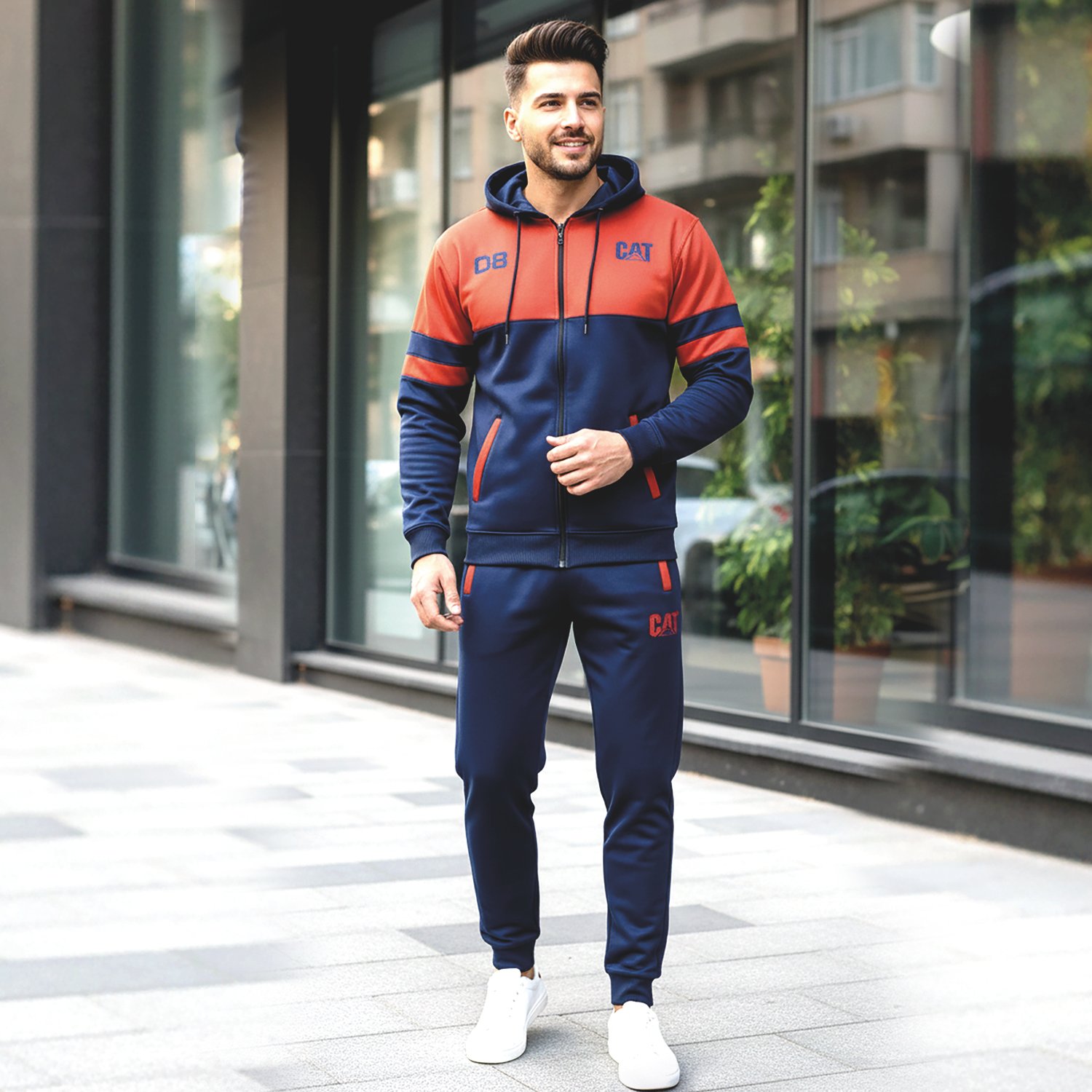 Bright Fashion Men’s Tracksuit Set – Zip-Up Hoodie & Jogger Pants, Winter Fleece Sportswear Outfit for Men Blue Red With Cat Logo